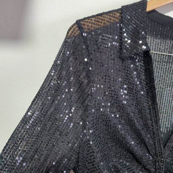FREE PEOPLE Sequin Shirtee Button Up Blouse Top Ruched Sheer Black Women's Large - Picture 5 of 12